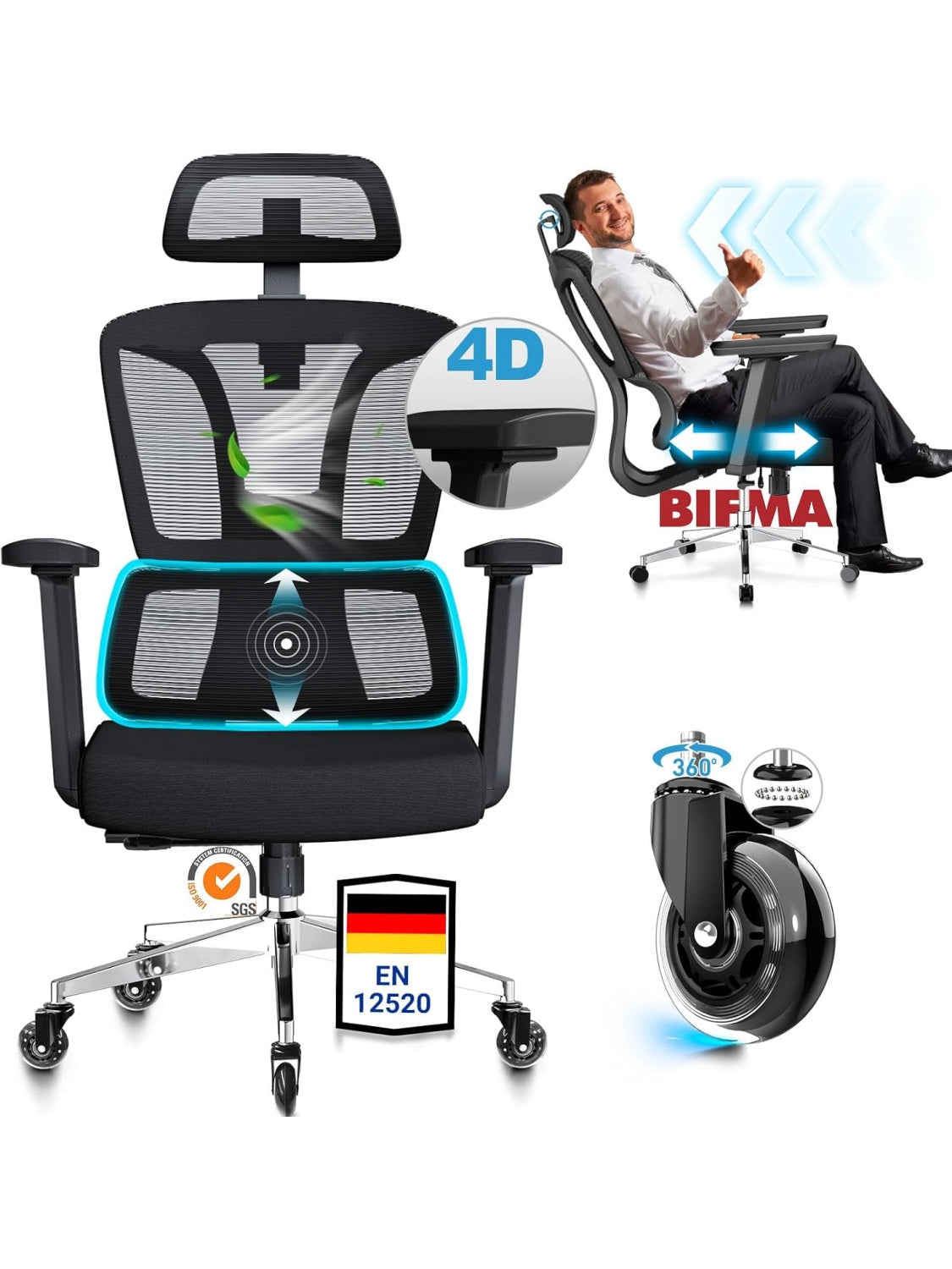 Vollverstellbarer ergonomischer Burostuhl bis 200 kg Tragkraft