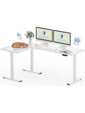 Elektrisch hohenverstellbarer L Schreibtisch 180 x 120 cm mit drei Beinen und vier Speicherfunktionen in Weiss