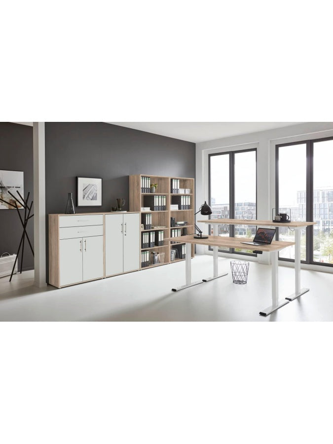 Hohenverstellbarer Burotisch mit Sonoma Eiche Tischplatte 138 x 67 cm und weissem Gestell