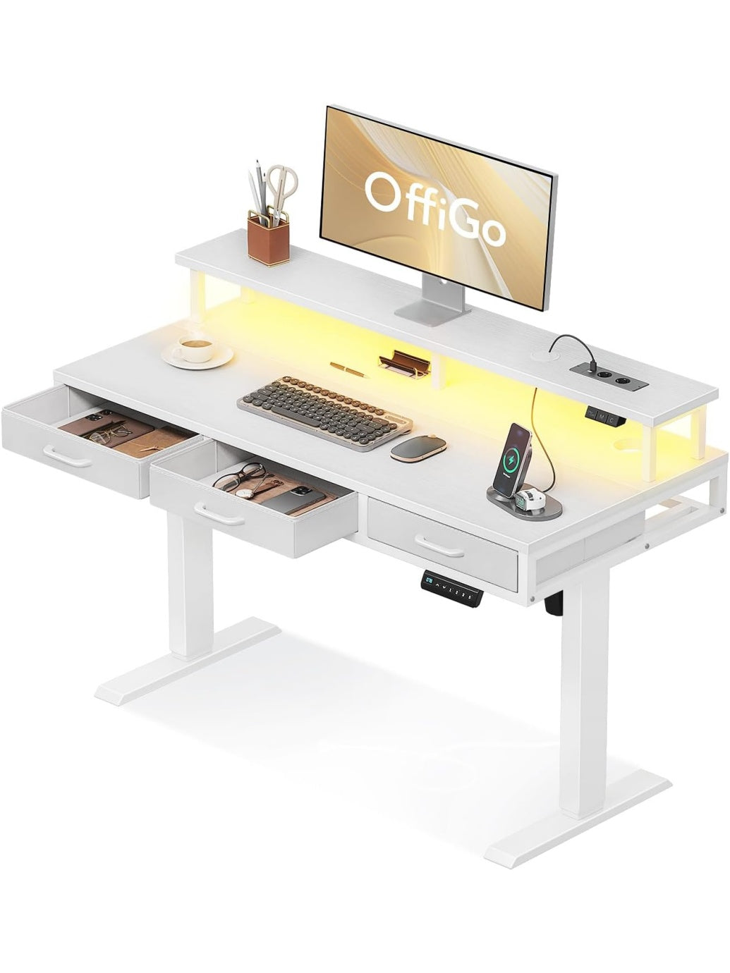 Hohenverstellbarer Schreibtisch 120 cm mit Schubladen in Weiss